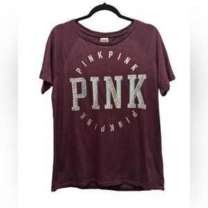 Pink Victoria’s Secret Love Pink Silver Sequin T-shirt Swoop Neck Maroon Size L